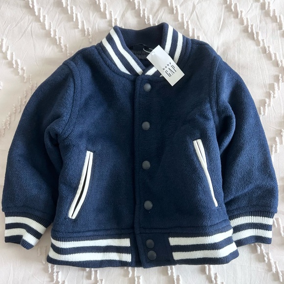 GAP Varsity Jacket Gal Fleece Fall Winter Jacket Navy Blue Wool Sz 18-24mo NWT - Picture 5 of 6